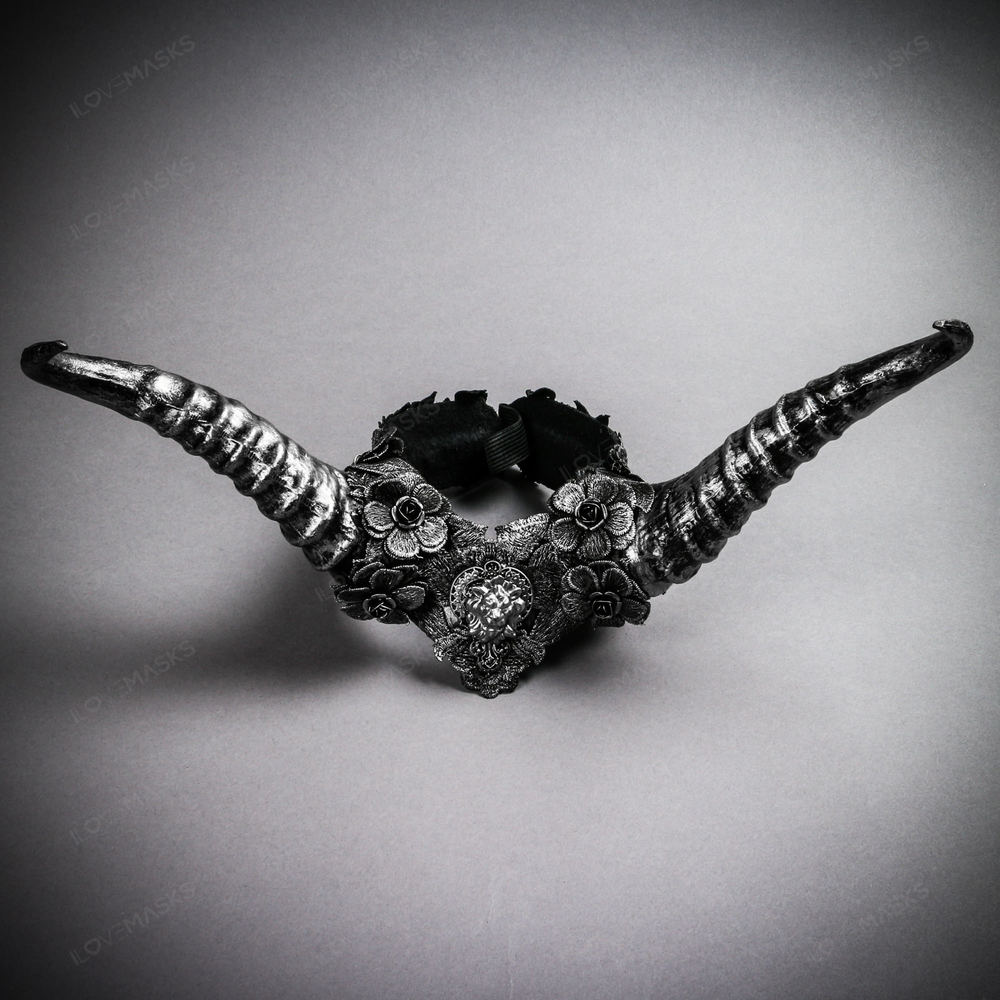 Gothic Demon Long Horn with Lace Head Piece - Black Silver